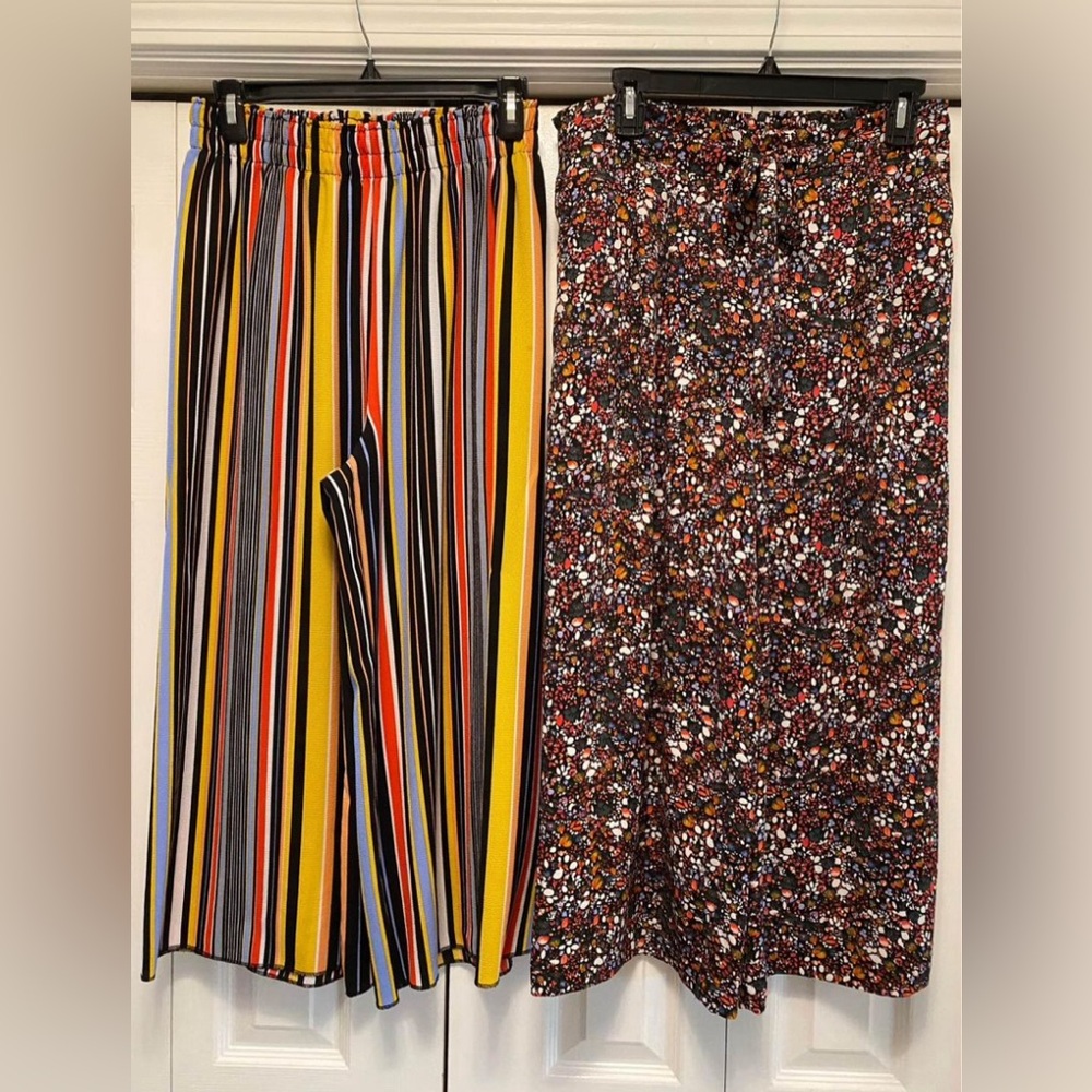 Womens, Palazzo Pants, Cropped Pants, size Large, elastic waist, floral, striped
